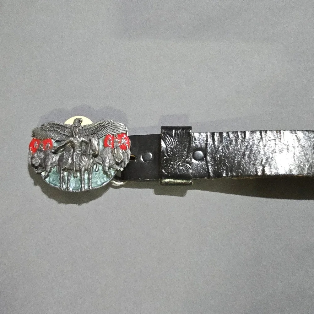 Vintage Leather Belt Mens 34 Black Eagle Buffalo Native American USA